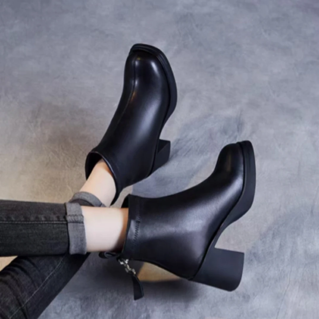 秋冬高跟瘦瘦靴粗跟后拉链方头短靴时尚百搭气质加绒厚底