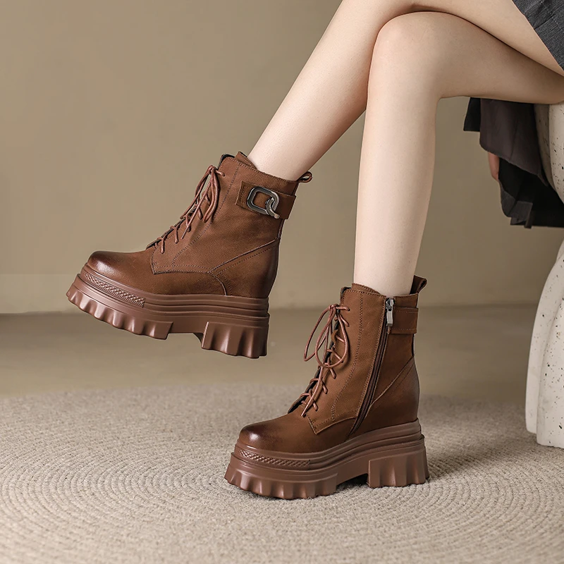 真皮系带厚底靴子女2025新款秋冬马丁靴小个子内增高女款短靴