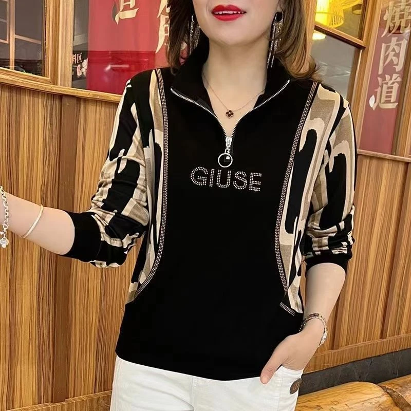 中国风镶钻拼接春秋印花宽松型显瘦T恤韩版烫钻气质长袖洋气大码