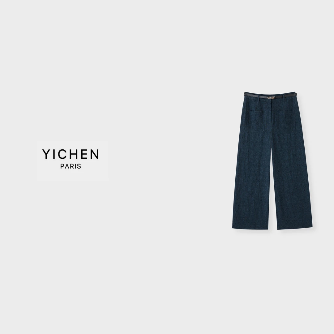 YC Kelly扣中高腰双口袋阔腿亚麻裤 黑色/藏蓝色-1939