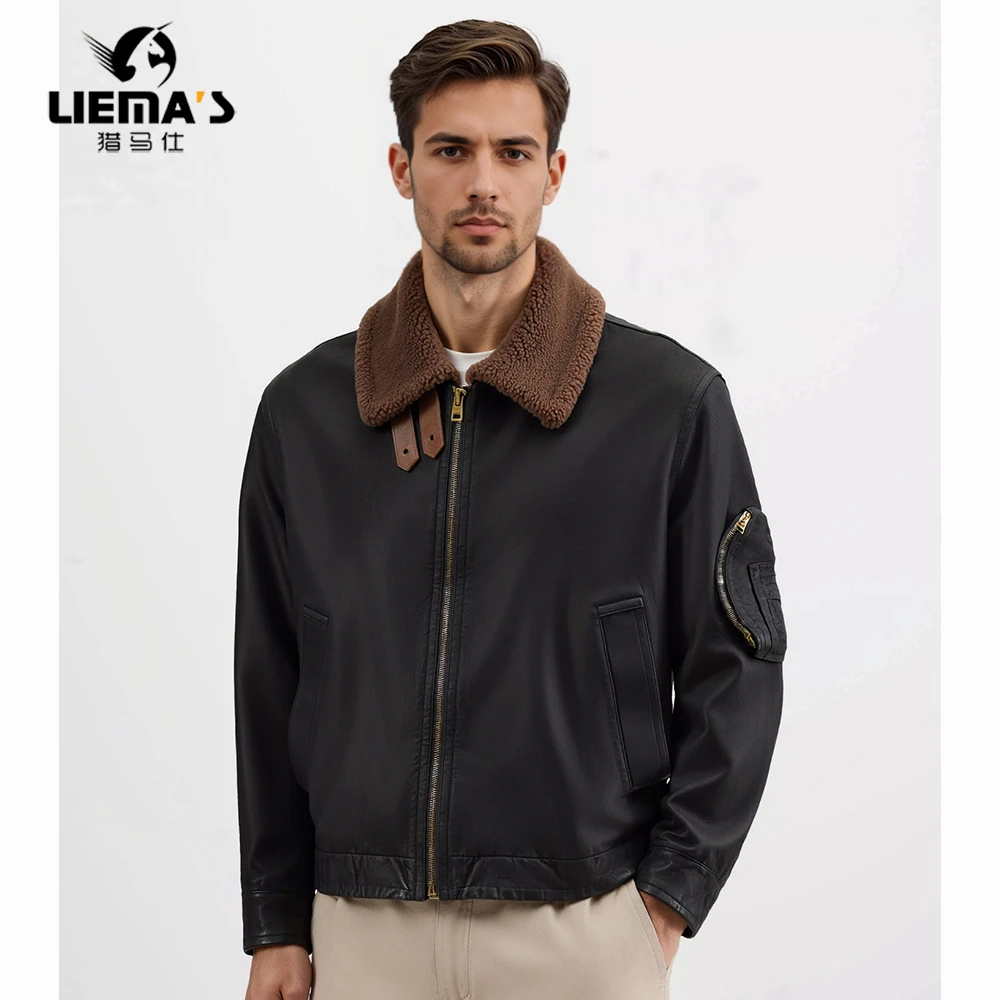 LM2550冬季男士短款水洗山羊皮翻领飞行员皮衣夹克外套加棉加厚