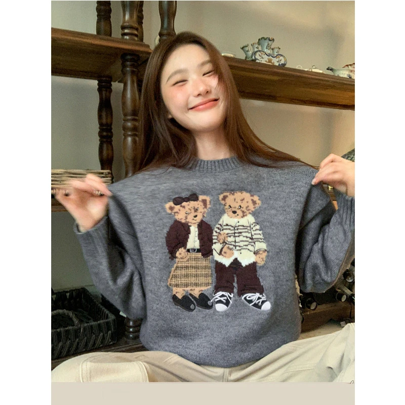 卡通小熊内搭打底衫正肩毛衣女秋冬2025新款大码胖mm加厚针织上衣