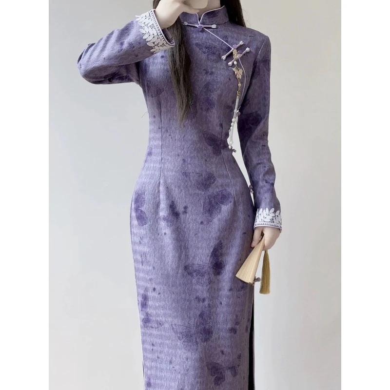 紫色旗袍中式气质2025改良倒大袖秋冬新款高端连衣裙年轻日常