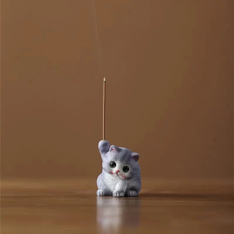 猫咪摆件盘可爱树脂小猫香座托支架潮玩线香插室内茶室香家用蓝色