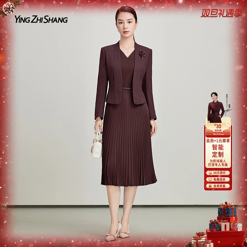 【秋季新款】赢智尚深酒红色高档复古显瘦时尚职场连衣裙ZF03577