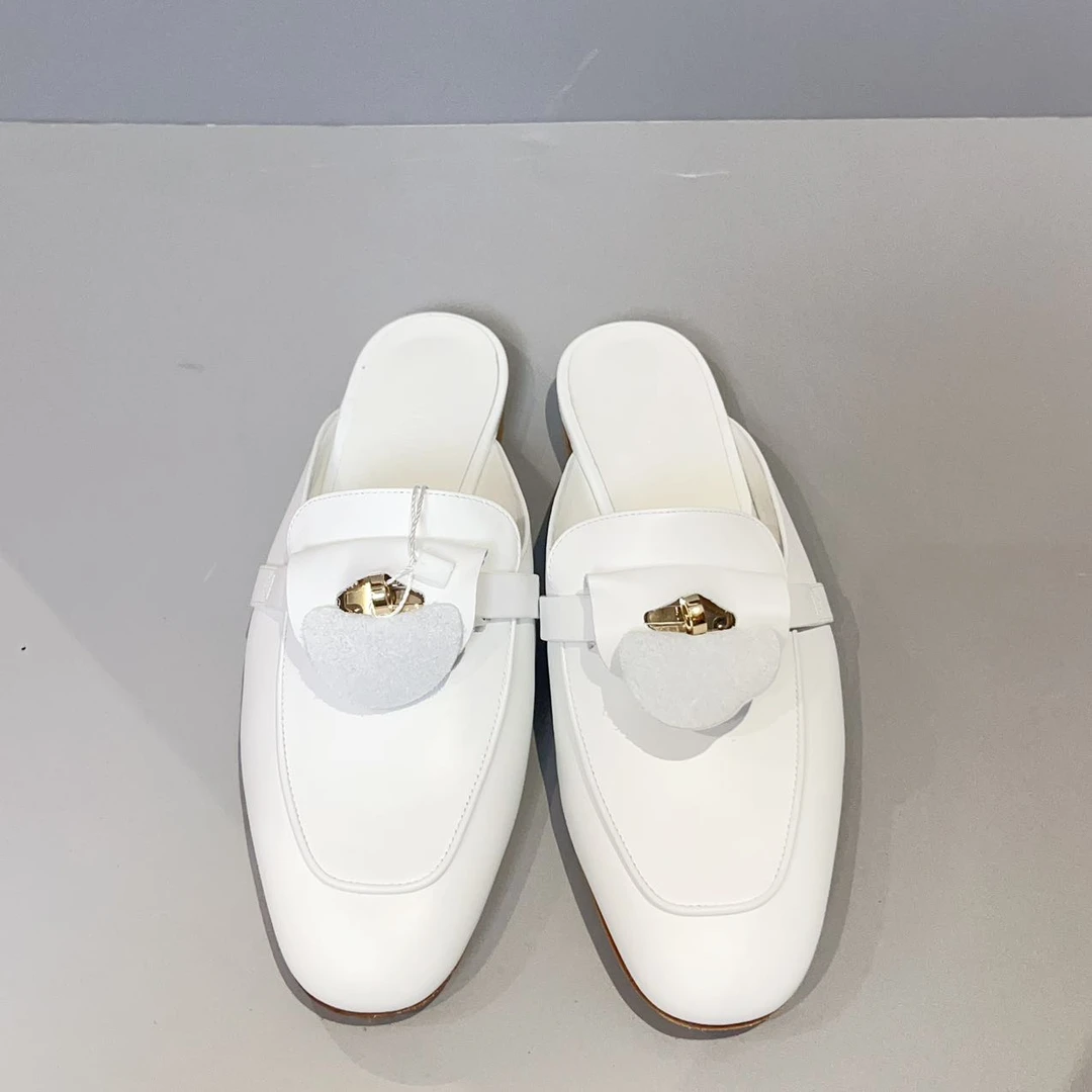 未使用 Hermes/爱马仕  半拖穆勒鞋 香槟金kelly扣 白色  38码