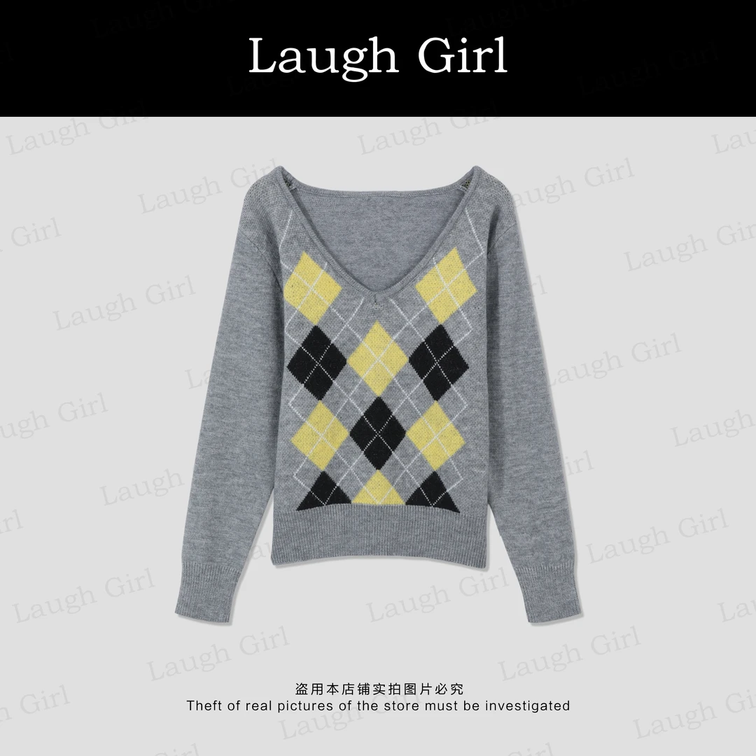 楚楚君 Laugh girl【甜奏菱格】时尚V领菱形格针织毛衣XL531013J
