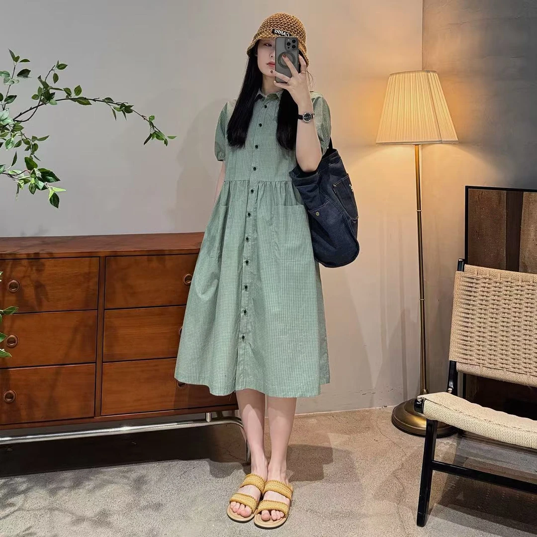 韩系ins时尚休闲百搭气质慵懒宽松小细格连衣裙女-J25201313