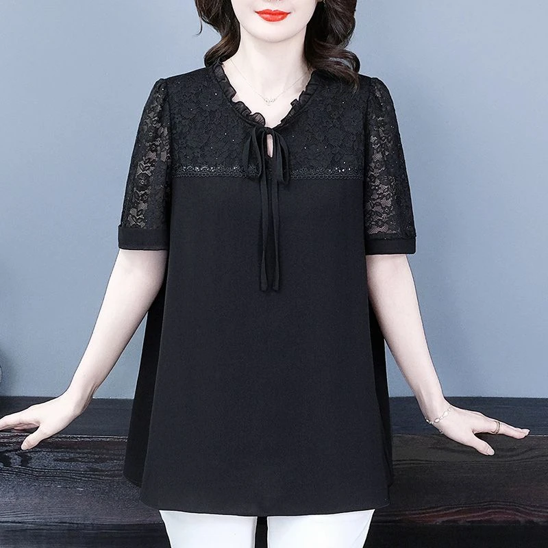 大码女装衬衫女2025夏季新款蕾丝系带显瘦别致绝美小上衣250526
