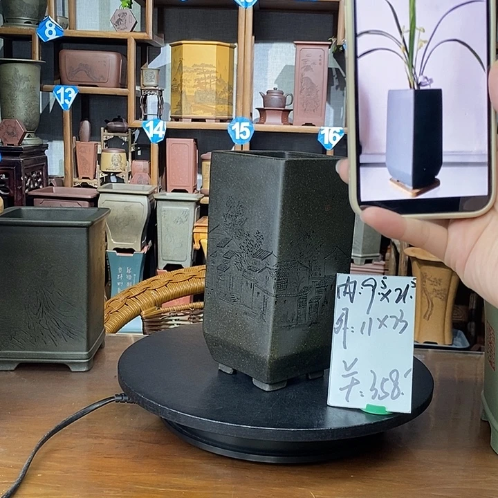 紫砂花盆天青泥水乡精刻