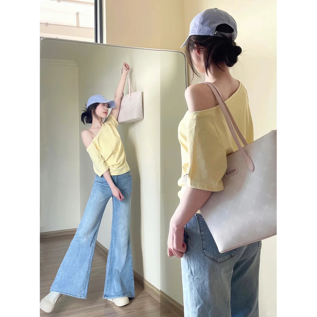 2025夏季别致掐腰上衣露肩短袖女韩系纯欲ins风斜肩设计小心机T恤
