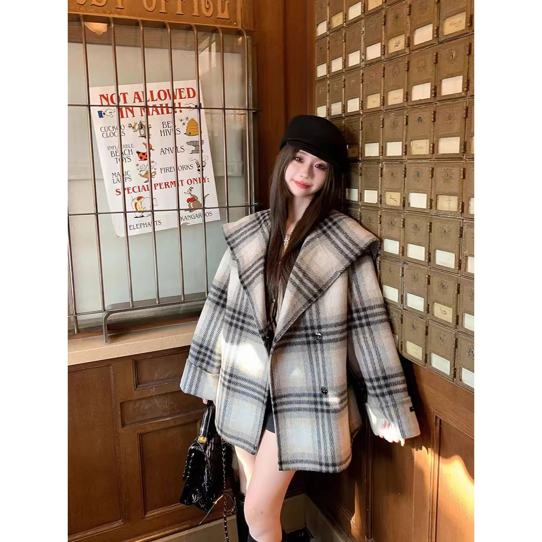 【妍妍专属】秋冬新款斗篷三线格羊毛大衣外套2466