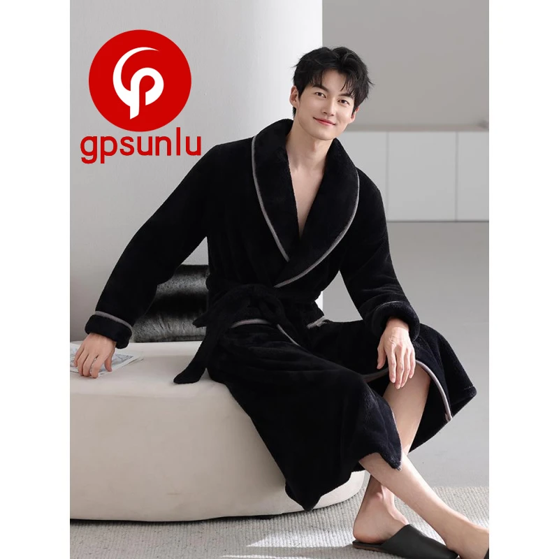 gpsunlu珊瑚绒睡袍男士秋冬季加绒加厚法兰绒浴袍睡衣保暖家居服