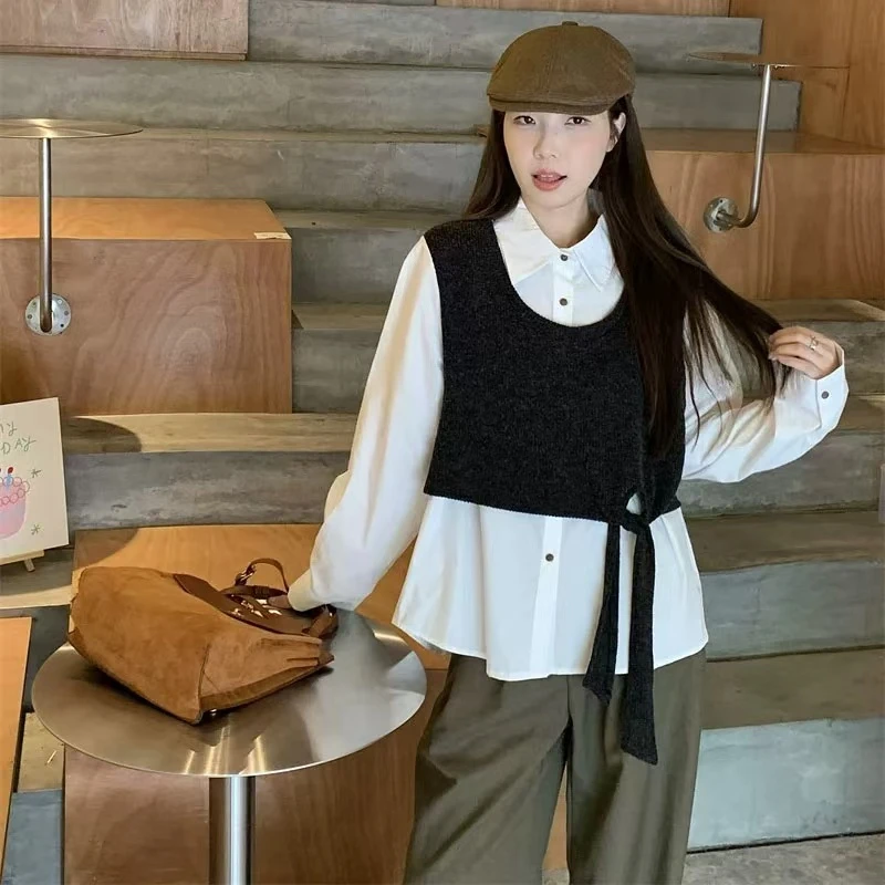 【夜幕流星】2025新款假两件针织衫韩版时尚春秋衬衫复古上衣9218