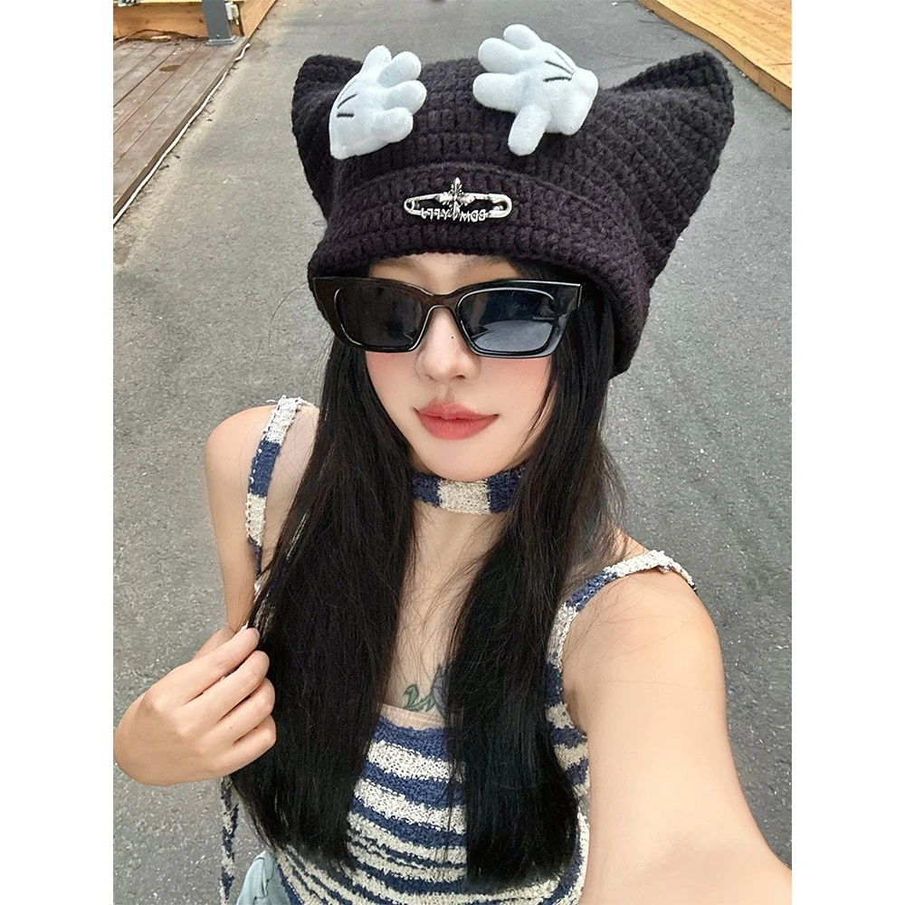可爱卡通米奇手掌针织帽子女y2k亚文化搞怪拍照显脸小套头帽子潮