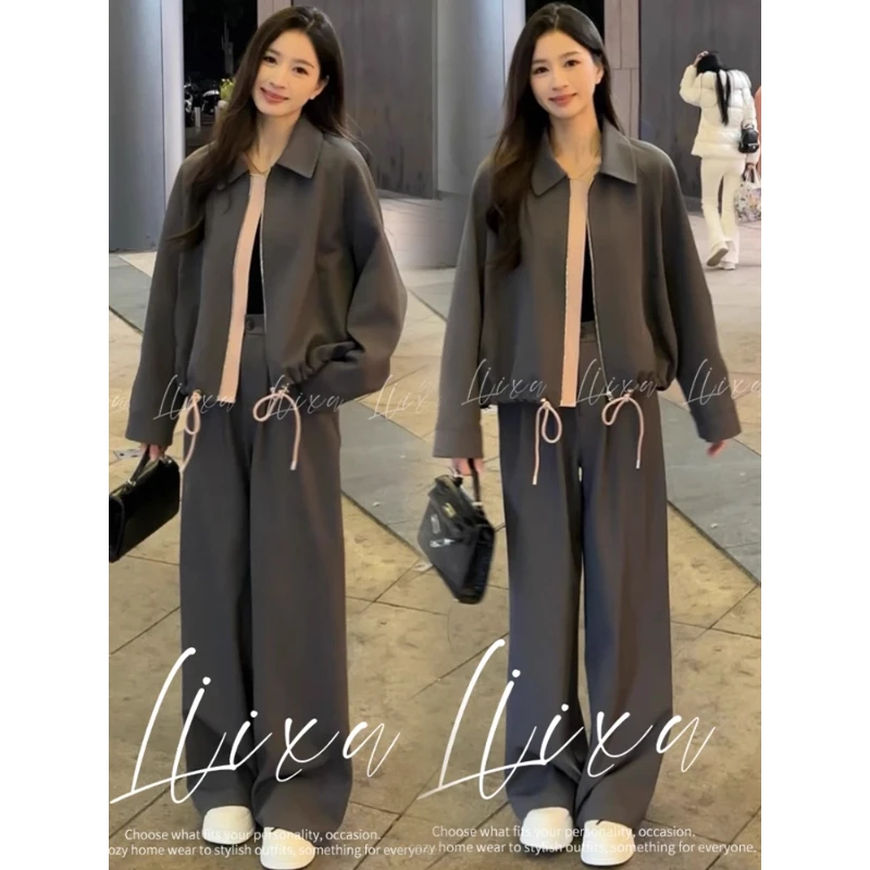 拉夏贝尔时尚套装女2025秋季新款洋气显瘦穿搭短外套阔腿裤两件套