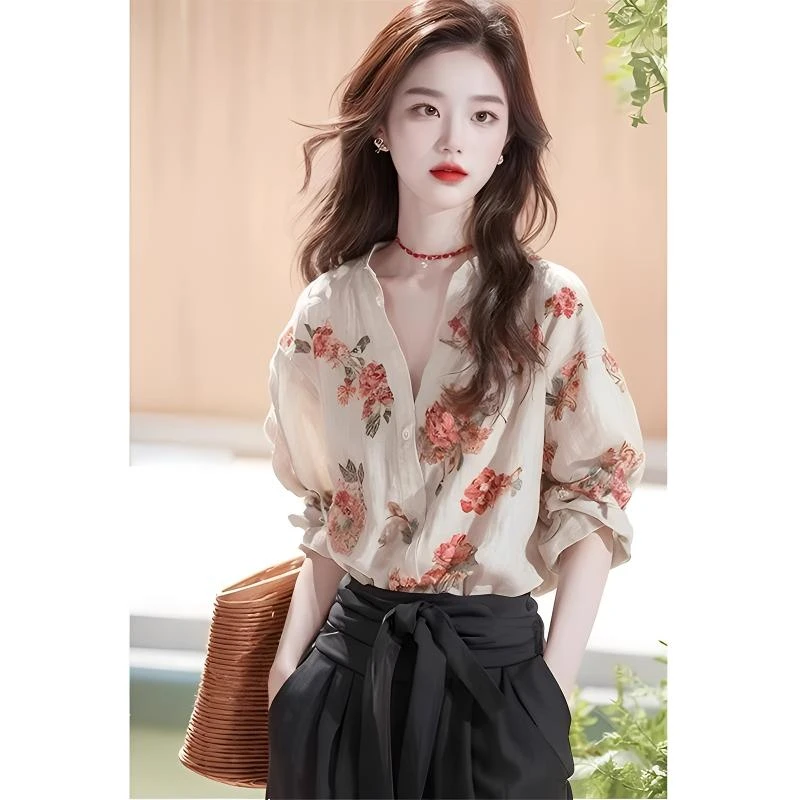 春夏装法式独特小上衣今年流行漂亮小衫棉麻印花碎花长袖衬衫女
