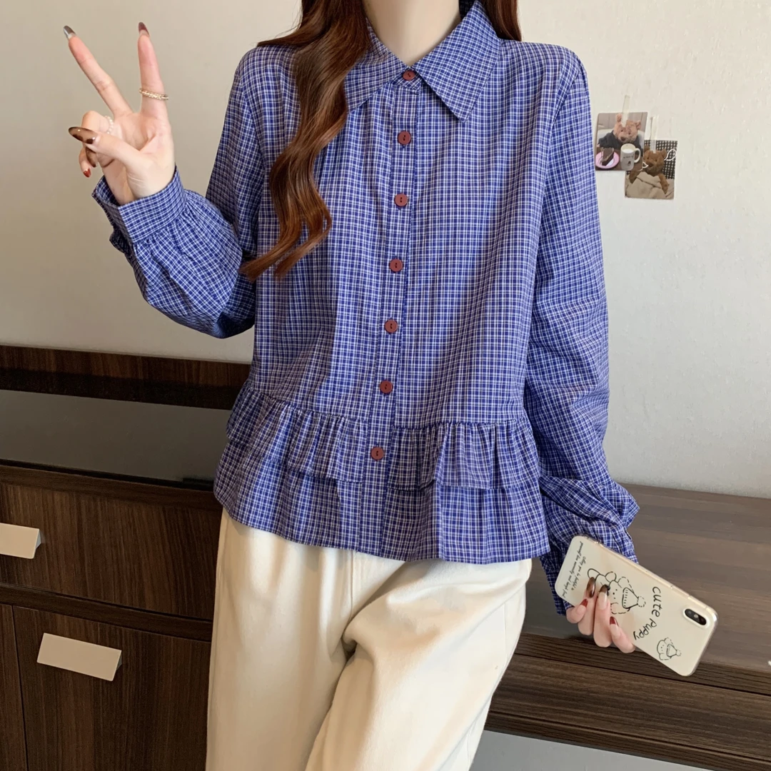 蓝色格子衬衫女春秋2025春季新款荷叶边复古长袖衬衣短款上衣