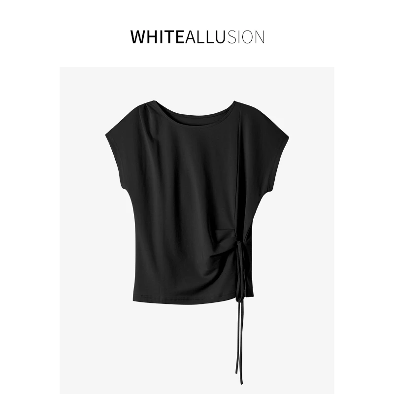 素典【简约法则】棉锦混纺时尚不规则夏季抽腰绑带T恤4885