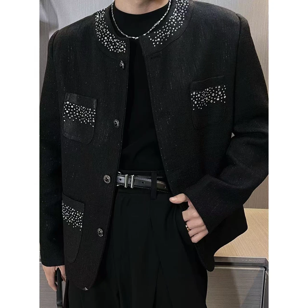 外套1015男士春季高品质小香风带钻短款夹克外套