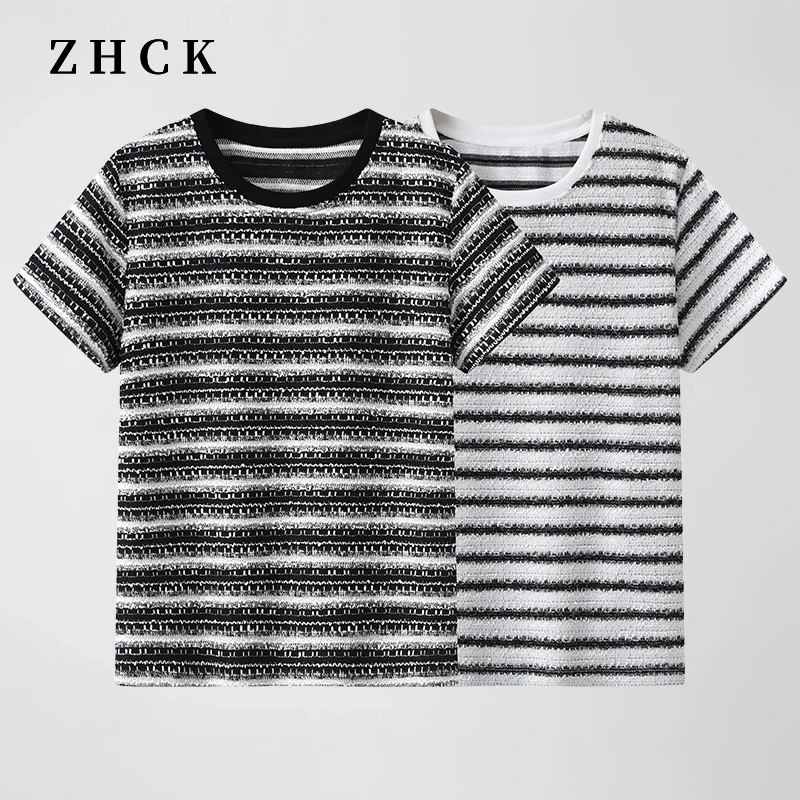 【现货】时尚潮流百搭T恤2025新款肌理感黑白条纹短袖女8205
