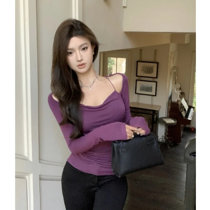 纯欲风气质性感露锁骨T恤女长袖修身内搭打底衫辣妹收腰紧身上衣