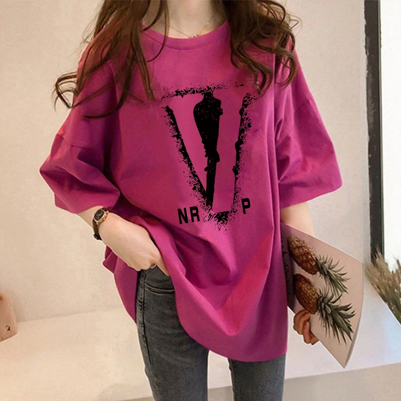 纯棉220克字母潮牌酷时尚短袖T恤衫女夏季气质中长款上衣圆领半袖