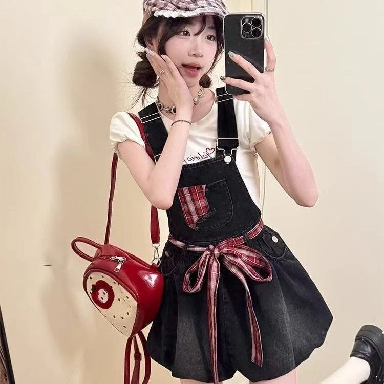 韩版年新款背带裙花苞裙修身显瘦多巴胺牛仔背带裤夏季薄款