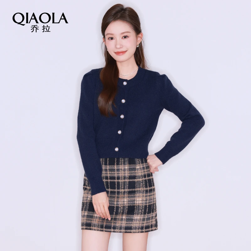 QIAOLA/乔拉【微光萤火】秋冬款北极绒毛呢正肩排扣A版时尚套装