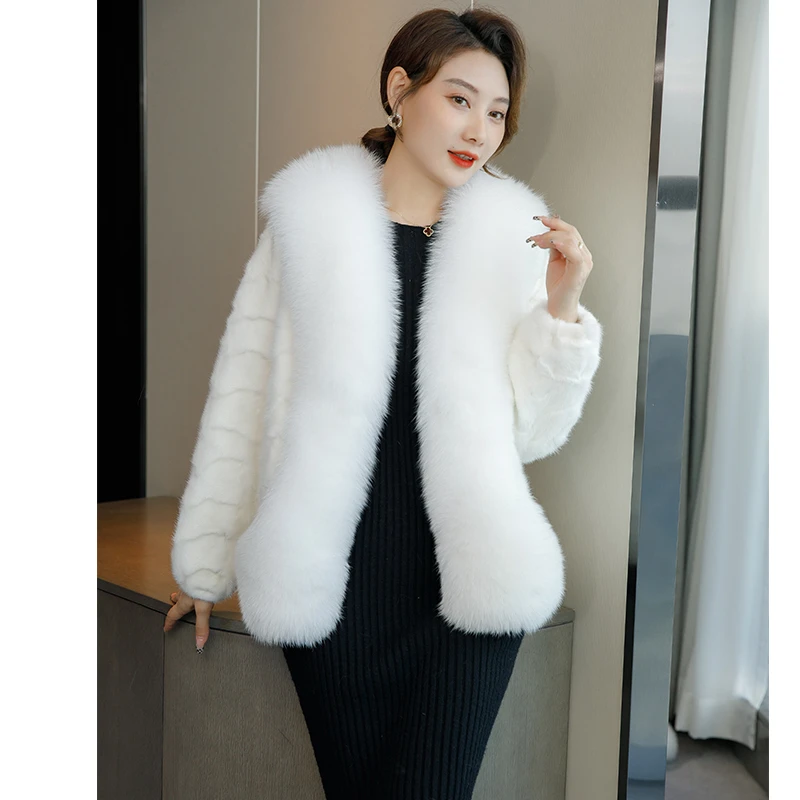 海宁真皮水貂毛大衣女2025冬新品超大狐狸毛领拼貂皮真皮草外套
