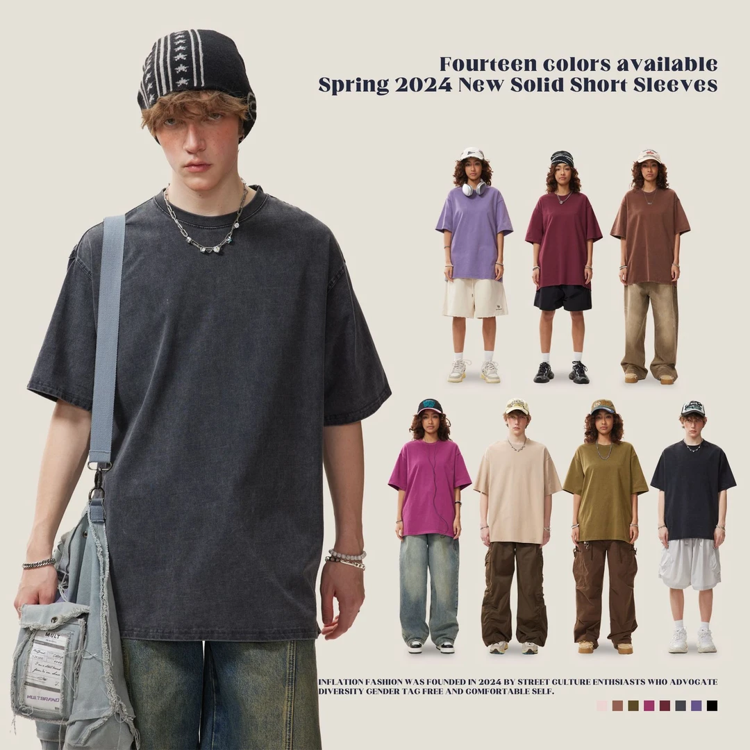 夏季重磅水洗做旧复古短袖恤男宽松潮牌男女大码上衣