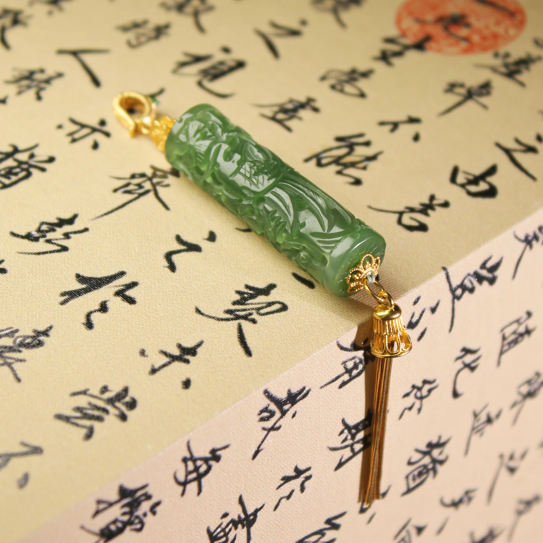 S925碧玉圆柱雕刻吊坠