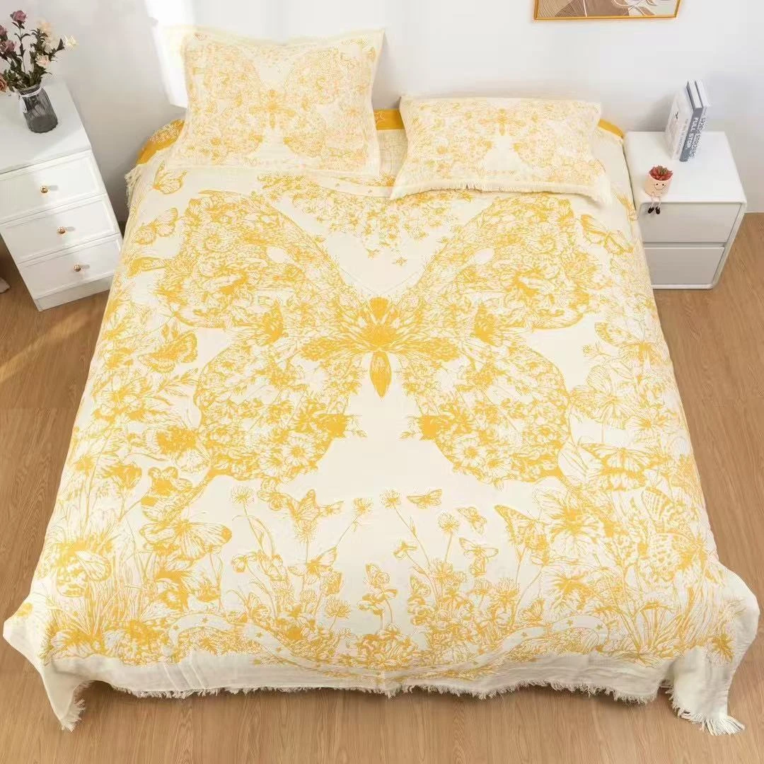 【DAO•蝴蝶-黄】长绒棉石墨烯床垫纱布盖毯双人床盖轻奢多功能双面