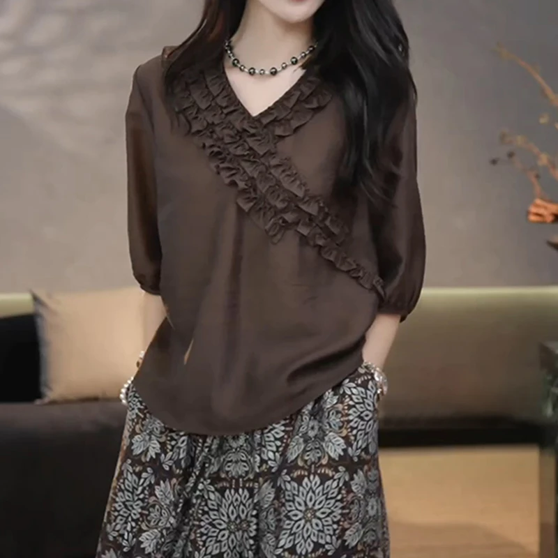 法式轻熟风立体木耳边V领短袖衬衫夏季新款绝美宽松遮肉显瘦上衣