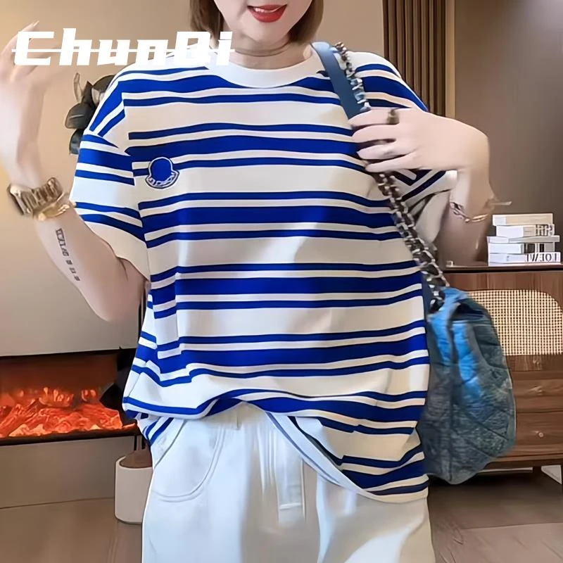 淳启蓝白撞色条纹短袖T恤女夏季新款胖mm大码休闲时尚上衣宽松潮