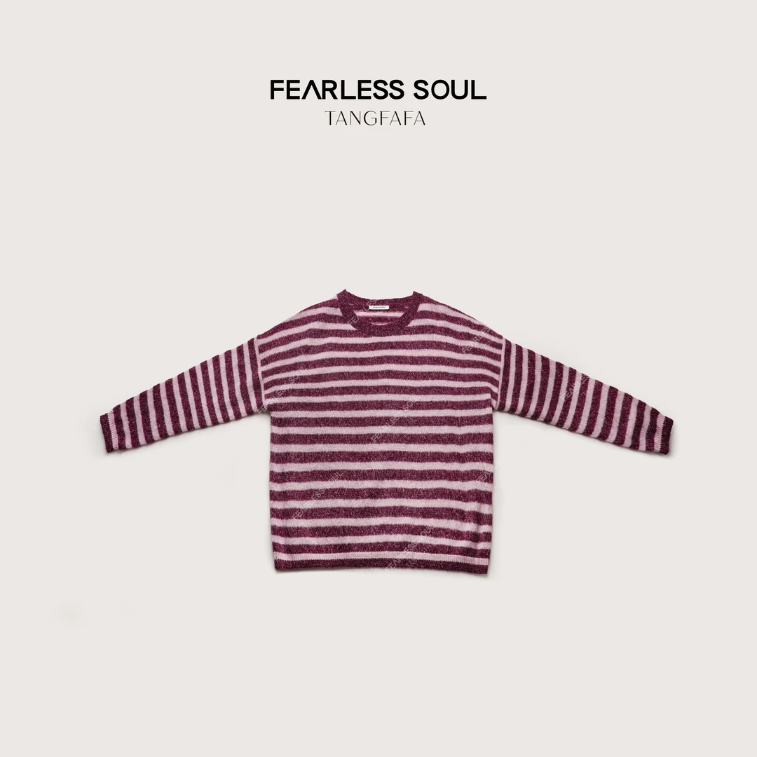 唐发发TFF撞色条纹混纺毛织圆领螺纹套头落肩针织毛衣 825FM703 -