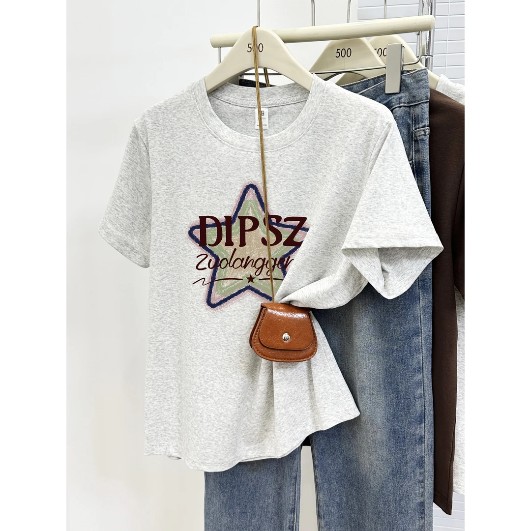 正肩短袖T恤女夏季美式休闲潮牌星星印花大码胖mm显瘦圆领上衣