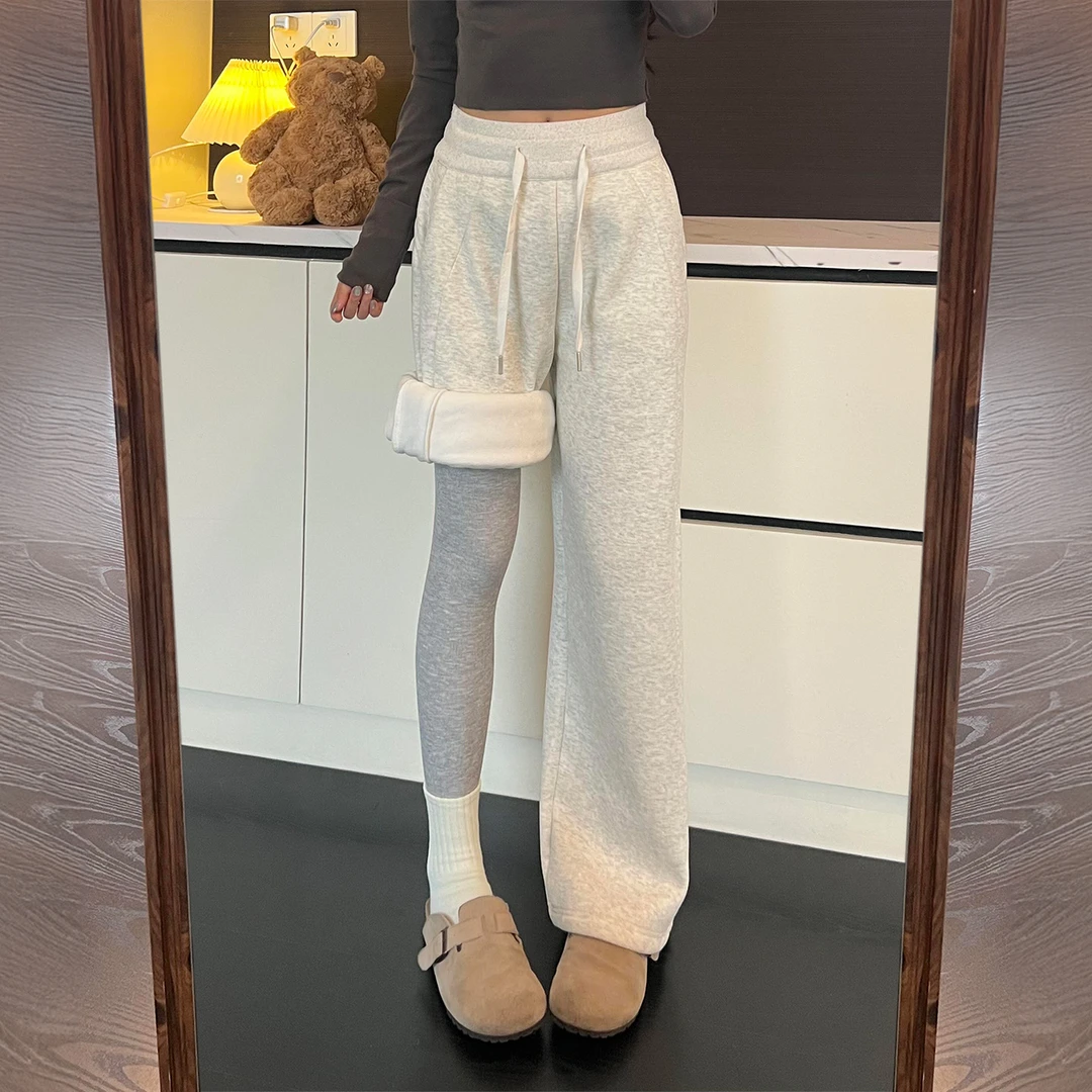 梨形身材休闲直筒裤女秋冬加绒大码胖mm高腰显瘦宽松阔腿运动卫裤