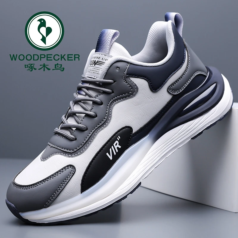 官方正品啄木鸟运动鞋男皮面款秋冬新品男士休闲软底防滑跑步鞋子