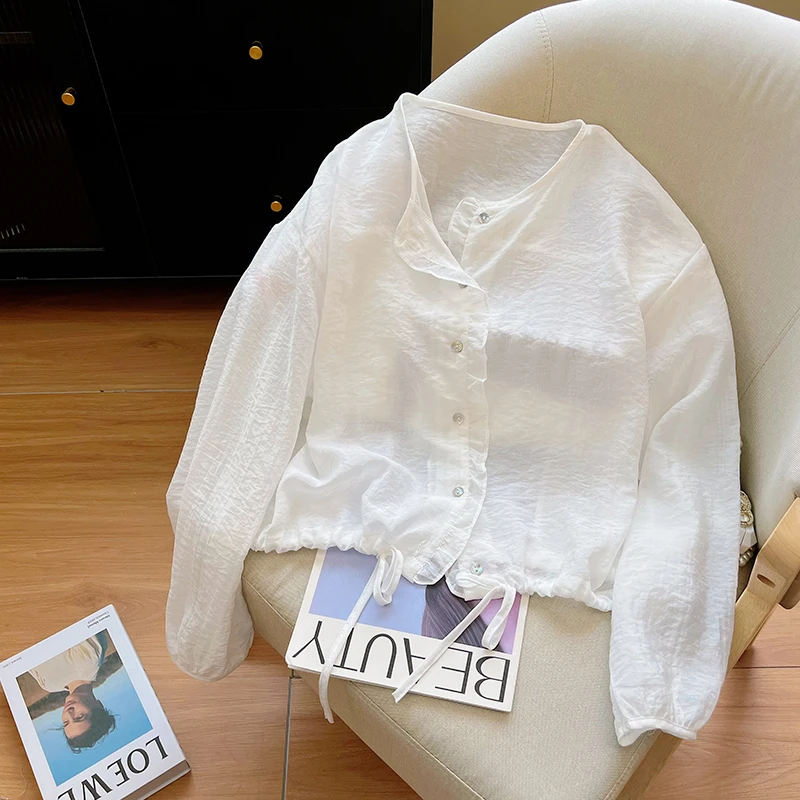 设计感木耳边轻薄面料防晒衬衫女夏季薄款开衫外套小个子短款上衣