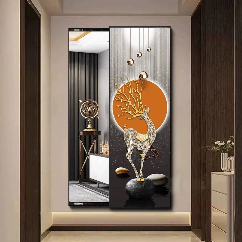 轻奢鹿隐藏式全身镜隐形推拉镜子挂画卧室壁画隐形穿衣镜