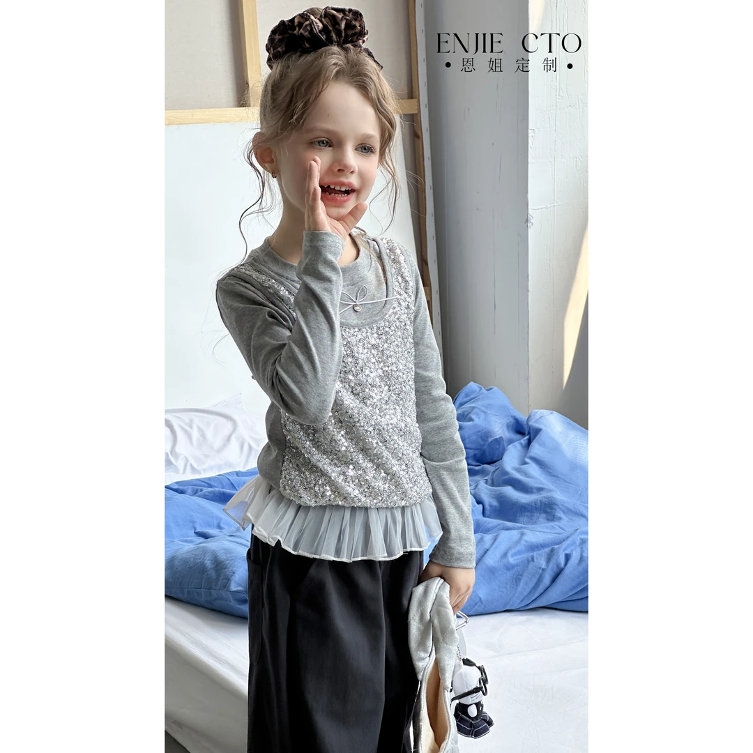 【星河叠梦】2025秋新款女童假两件亮片蝴蝶结娃娃衫长袖T恤ENCK211