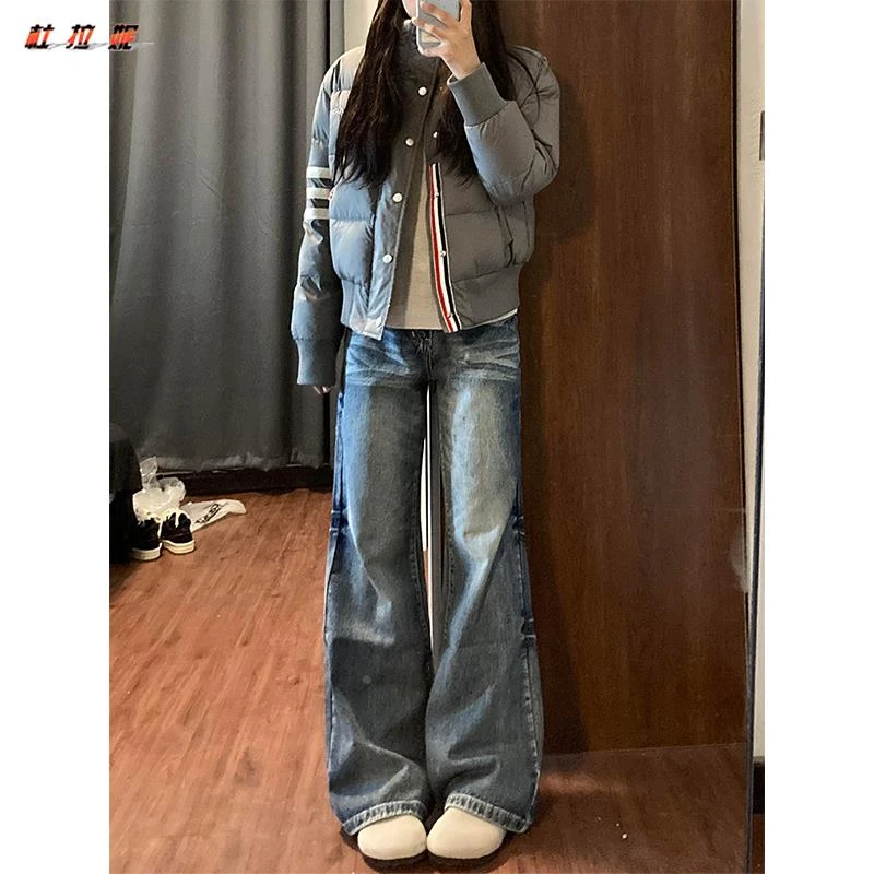 杜拉妮美式水洗微喇叭牛仔裤女夏季新款设计感低腰宽松阔腿直筒裤