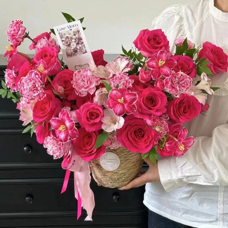 【西西里】弗洛依德玫瑰吸色康乃馨郁金香混搭花篮送恋人闺蜜长辈领导生日鲜花店配送上门【预定】