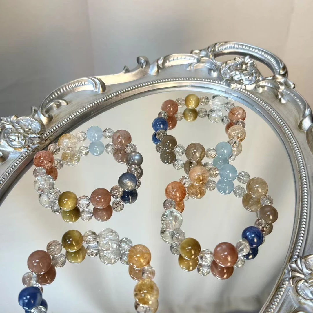 天然多宝黑金超七娇花x虎眼石x太阳石x灰月光x黄塔晶x白水晶 s574