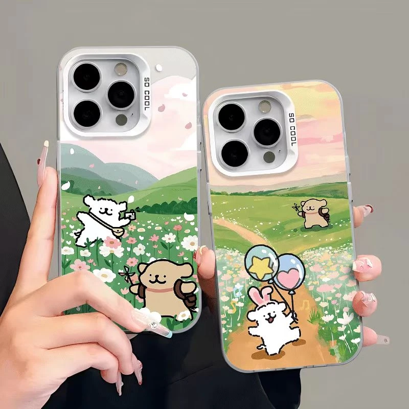 夏日可爱线条小狗手机壳苹果16华为oppo荣耀vivo红米小米15镭射硬