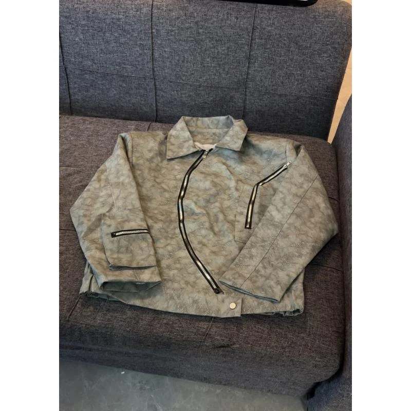 HT113 春秋设计感拉链灰色纹理外套