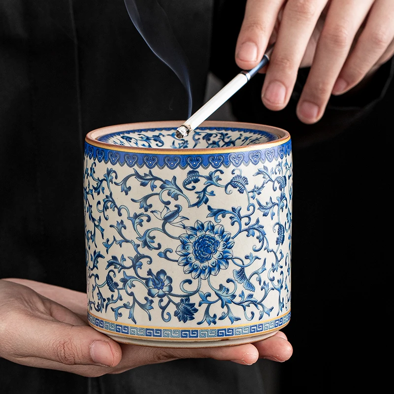 汝窑青花缠枝莲漏斗式烟灰缸大号带盖防飞灰家用客厅创意个性烟缸