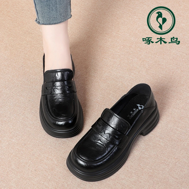 啄木鸟秋季新款时尚百搭乐福鞋圆头英伦风舒适小皮鞋厚底软底单鞋