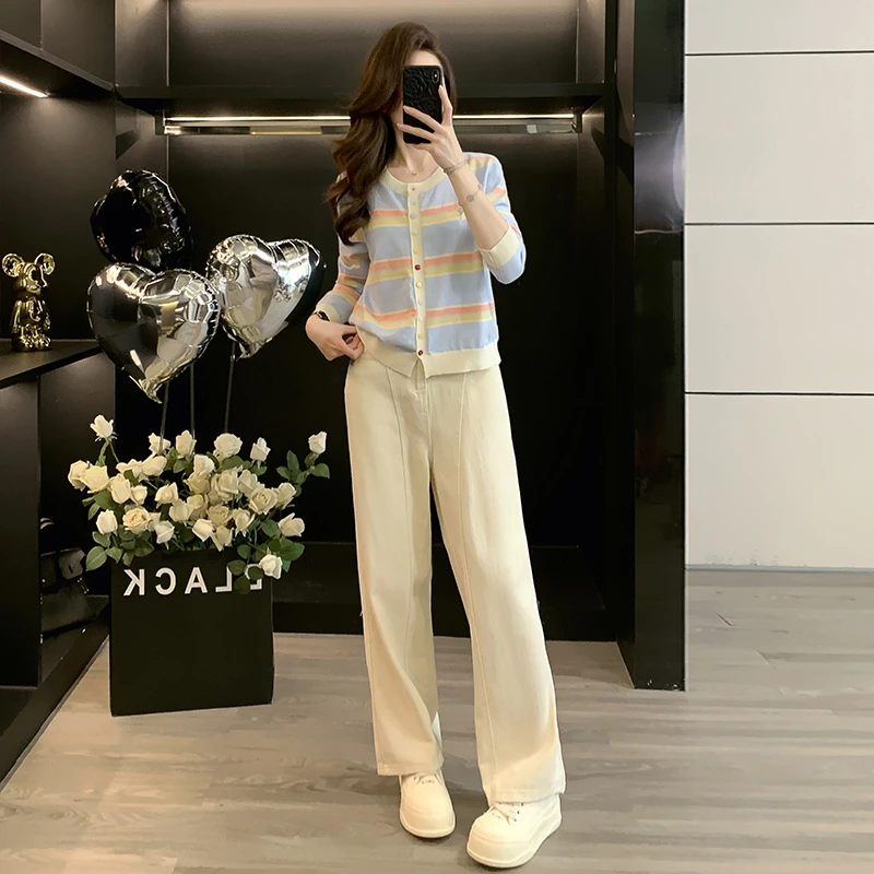 盐系穿搭休闲运动套装女2025秋洋气显瘦蓝色长袖开衫牛仔裤两件套